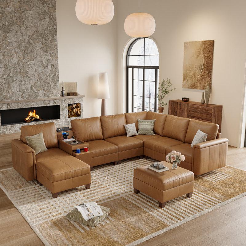 Canapé modulaire en forme de V à 132 places de 132 po de large avec console et rangement, brun, Similicuir brun