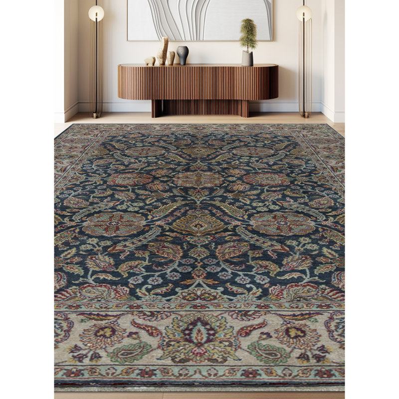 Mahajaran Wool Oriental Area Rug in Navy/Camel