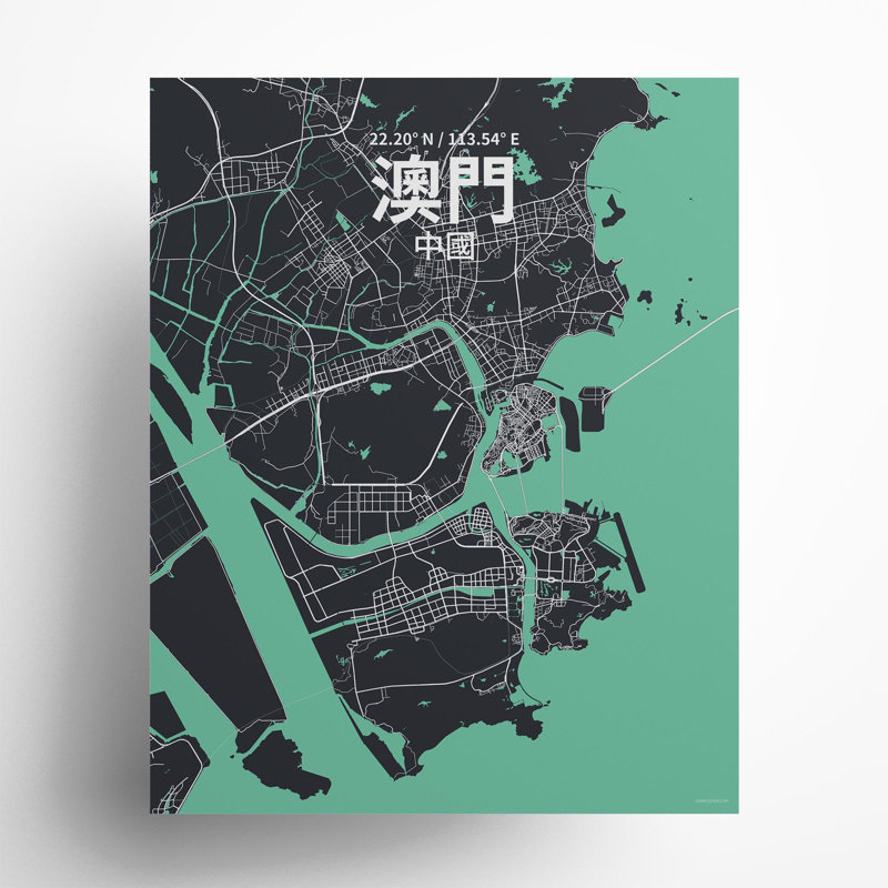 Macau (chinois traditionnel), impression de carte de la ville, H 20 po x l 16 po, Vert/gris