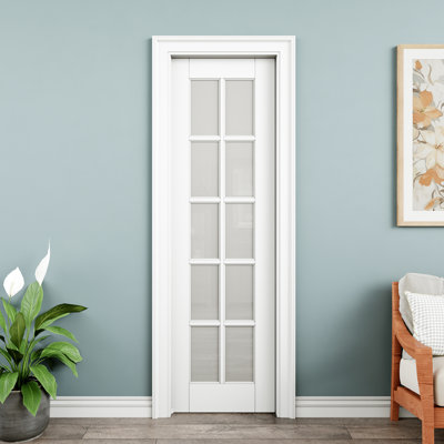 Interior Pocket Door 10-Lite Frosted Glass Sliding Pocket Door Primed White Sliding Door With Hardware Kit Set