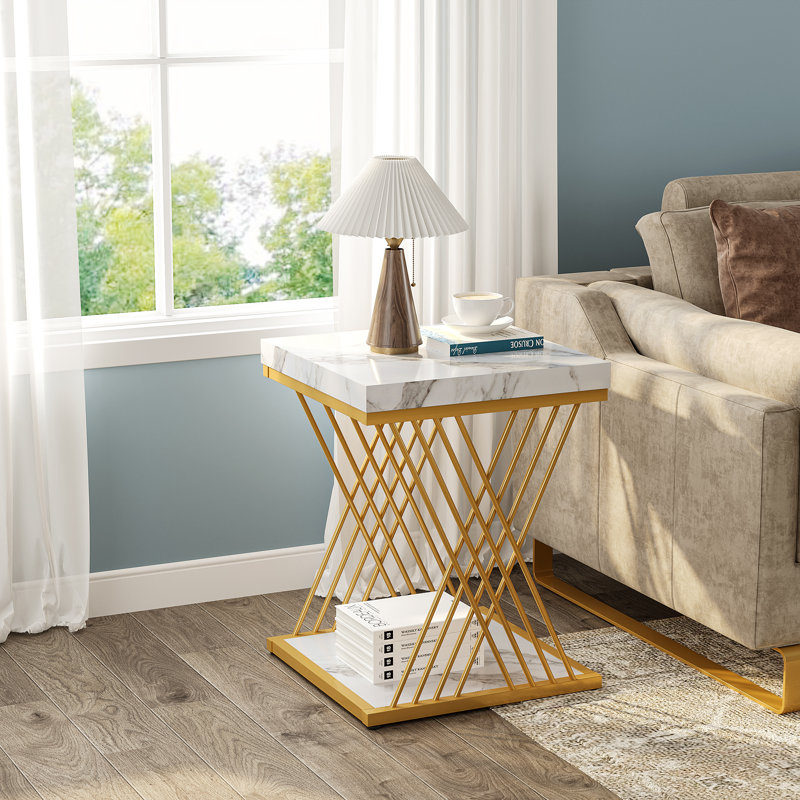 Ellenie 25.6'' Tall Square End Table Side Table, White Top/Gold Base