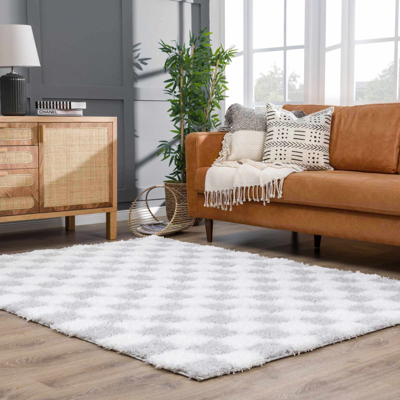 Atiran Checkered Plush Pile Gray Area Rug, Rectangle 8'10" x 12'
