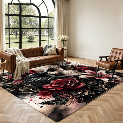 Tapis artistique de crâne et de rose, décor gothique, tapis de sol à thème d'horreur, tapis intérieur antidérapant doux pour salon, chambre à coucher, maison, tapis