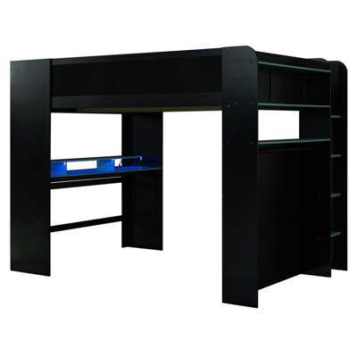 Lit double superposé en bois pleine grandeur avec bureau à hauteur réglable, garde-robe, grand espace de rangement et lumière RVB