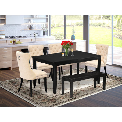 6 Piece Dining Table Set Contains a Rectangle Solid Wood Table and 4 Polyester Fabric Upholstered Chairs with a Bench, 36x60 Inch, Black