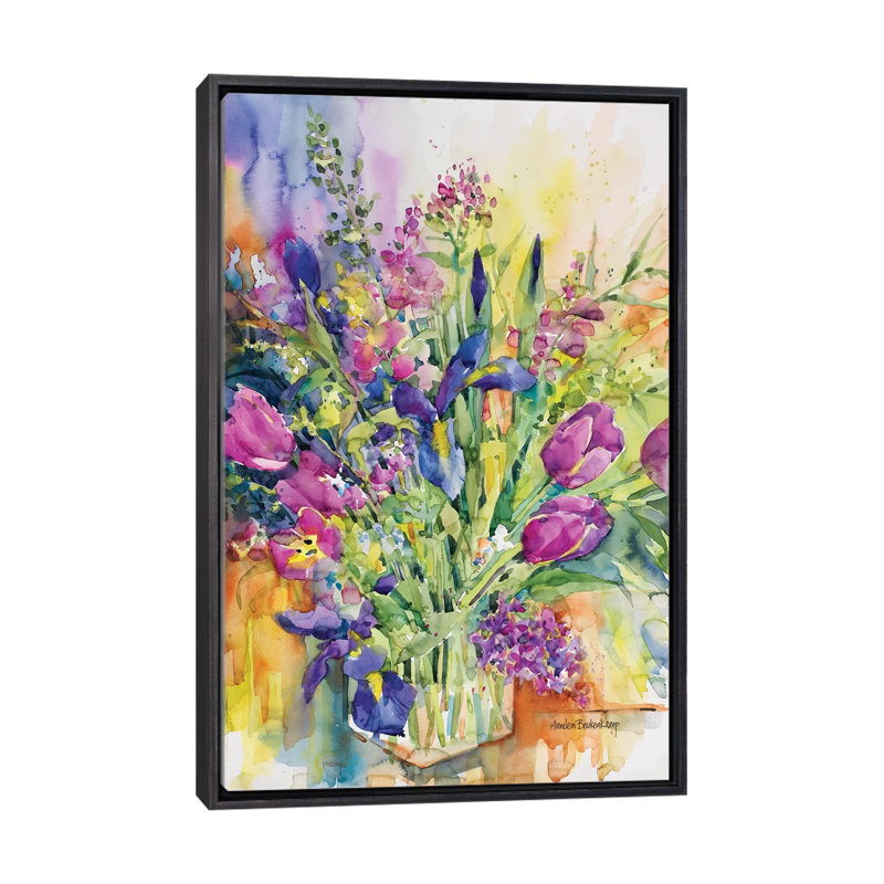 «Iris Blue and Tulips Too» par Annelein Beukenkamp - reproduction d'art, H 48 po x l 32 po x P 1,5 po, Aucun mat