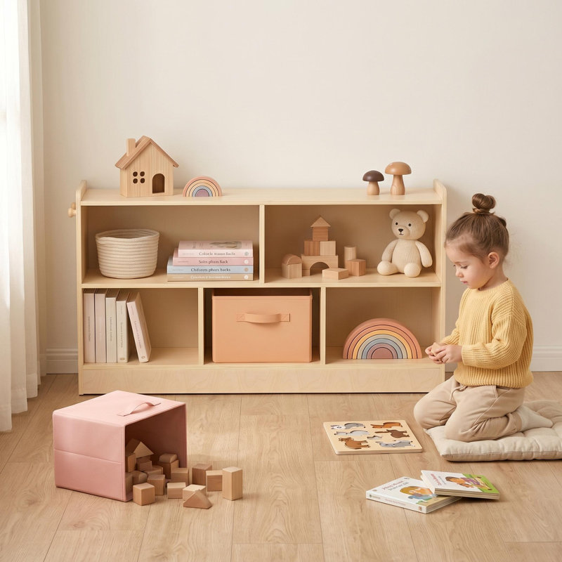 Montessori Kids Bookshelf 5-Section, Wood 44.6" L X 11.6"W X 23.6“ H Storage Bookcase, Large
