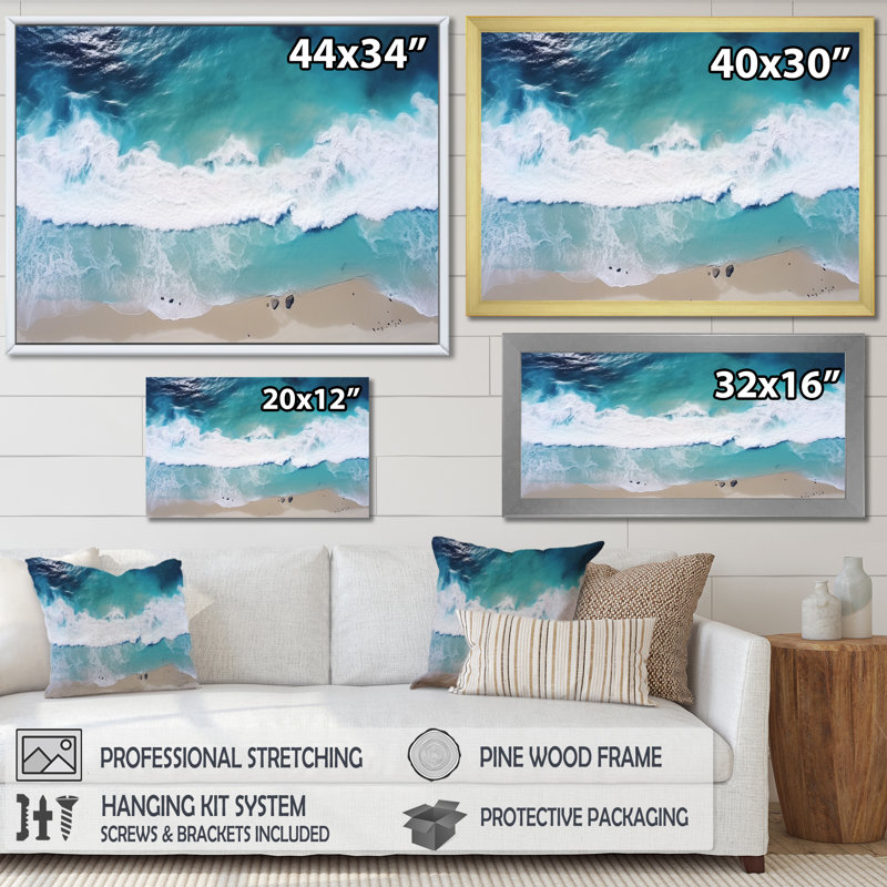 Vagues blanches et bleues vue aérienne IV - plage, art mural, Cadre d'angle fermé noir, H 16 po x l 32 po x P 1 po