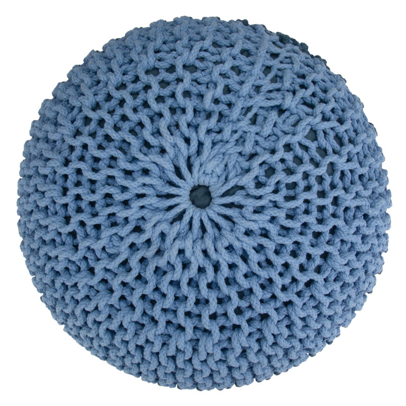 Hand-Knitted Blue Cotton Round Pouf with Polystyrene Filling