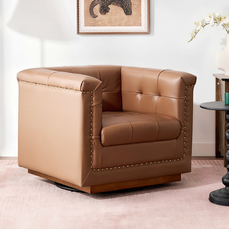 Fauteuil demi-tonneau pivotant carré en cuir véritable 33 po avec structure en bois massif, Camel