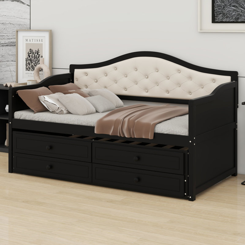 Modern Upholstered Daybed with Trundle and Storage Drawers, Button-Tufted Backrest, Black