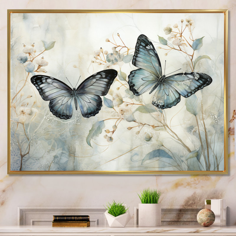 «Blue Beige Butterfly Wings Of Serenity», art sur toile papillon, H 24 po x l 32 po, Reproduction avec cadre flottant, Doré