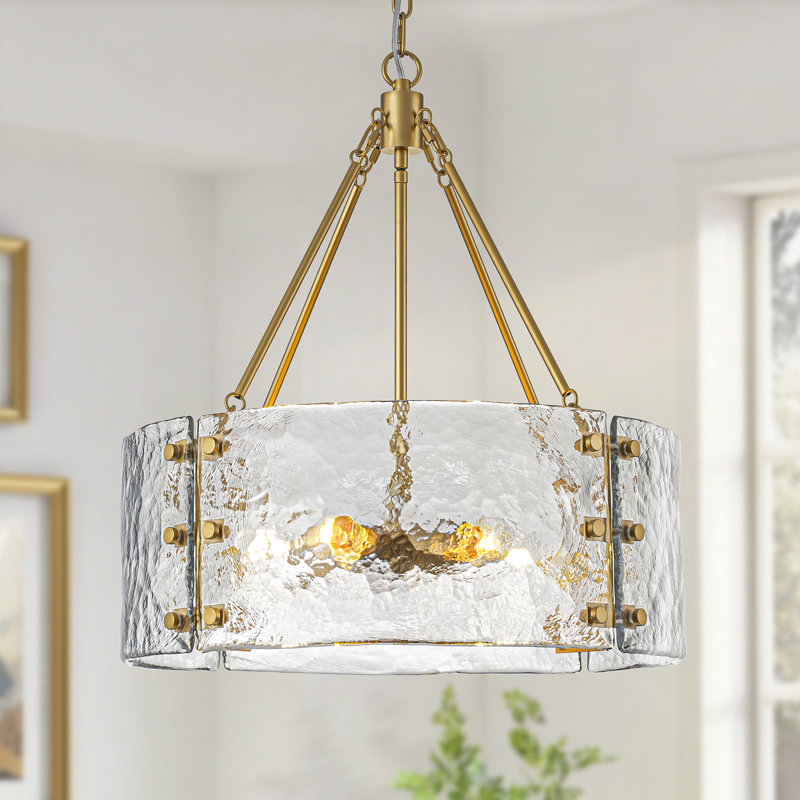 Lustre tambour 5 lumières avec verre texturé , Doré