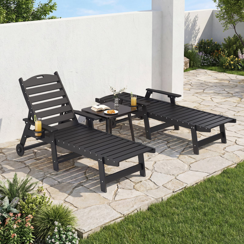 Hdpe Wood Grain Outdoor Chaise Lounge Set Of 2, Patio Lounge Chair With Adjustable 6-Position, Sun Lounger, Black