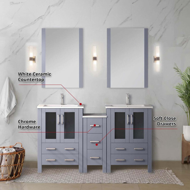 Meuble-lavabo double avec armoires latérales, ensemble de robinet, comptoir en céramique et miroirs