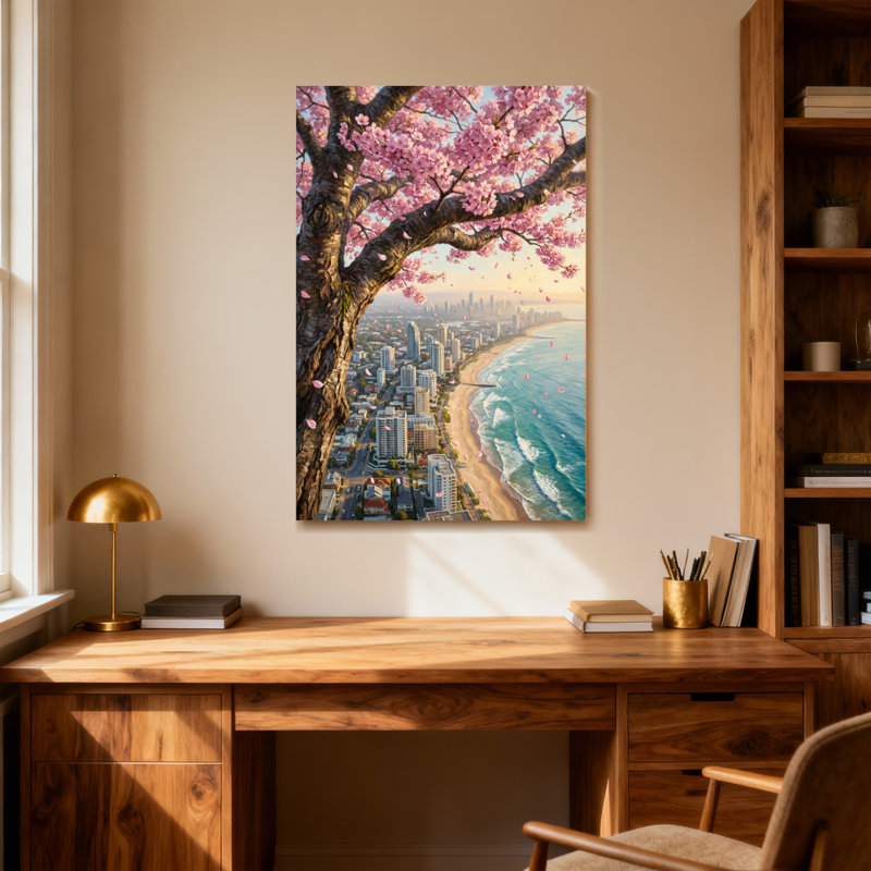 Plantes et fleurs cerisier en fleurs paysage urbain plage océan, H 36 po x l 24 po