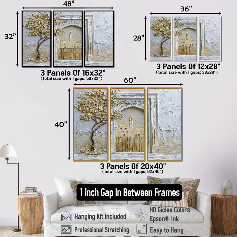 Maroc, médina d'or de Fès - ensemble d'art mural Maroc, H 40 po x l 60 po x P 1 po, Toile naturelle avec cadre flottant