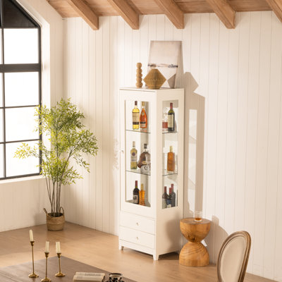 Armoire à vin autoportante de 71 po avec 2 tiroirs de rangement, portes rembourrées, porte vitrée, tablettes réglables, plafond à DEL 5 couleurs, vue panoramique 180 pour le salon - garde-manger blanc, armoire