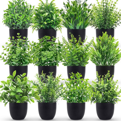 Ensemble de 12 plantes artificielles artificielles en pot noir pour salle de bain