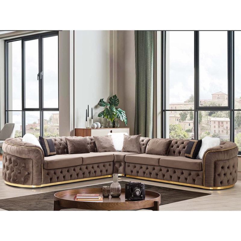 Varinia 120" Wide Symmetrical Sofa & Chaise, Brown Velvet