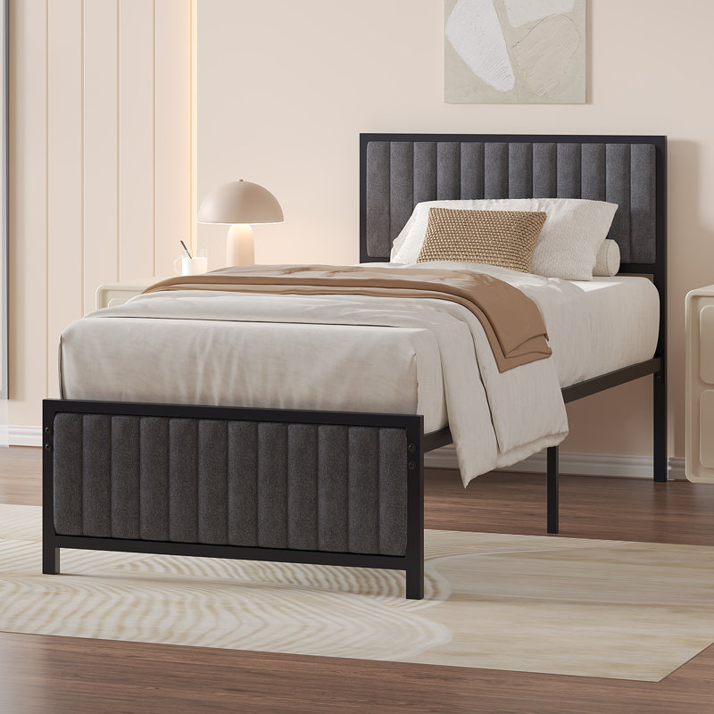 Metal Platform Bed Frame With Upholstered Headboard And Footboard, Heavy Duty Steel Slats Platform Bed, No Box Spring Needed