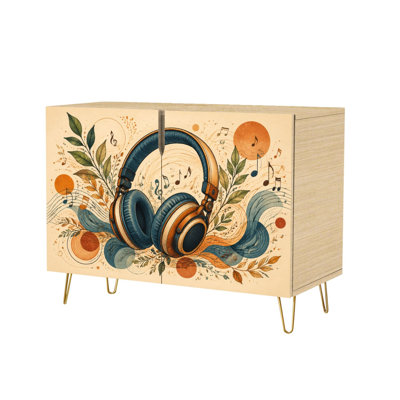 Buffet à 2 portes, élégant avec casque d'écoute entouré de notes de musique, console moderne et colorée, meuble de rangement en bois, dosseret pour cuisine, salle à manger, salon, entrée ou coin café.