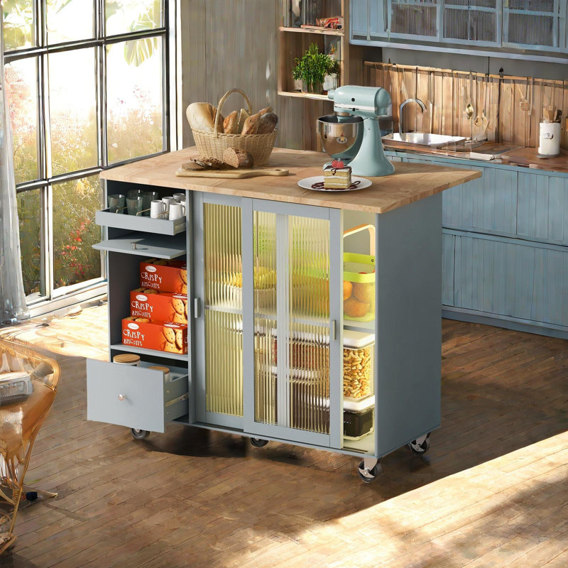 Kitchen Island with Drop Leaf, Gray Blue