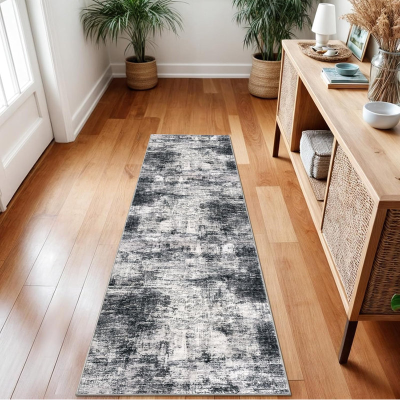 Tapis de cuisine abstrait lavable, Tapis de couloir 2 pi x 7 pi, Noir / gris / blanc