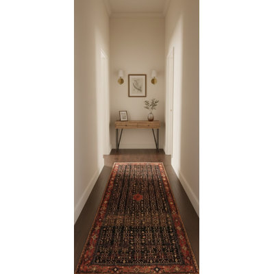 Tapis unique gris anthracite / brun en laine noué à la main de style années 70 de 4 pi 3 po x 9 pi 8 po Tameaka