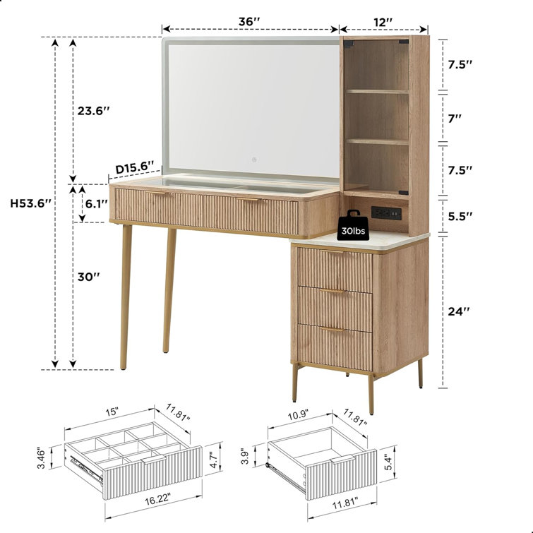 Zadia 48" Makeup Vanity with 36" Lighted Mirror, 4 Dressers & Charging Station & 3 Light Modes