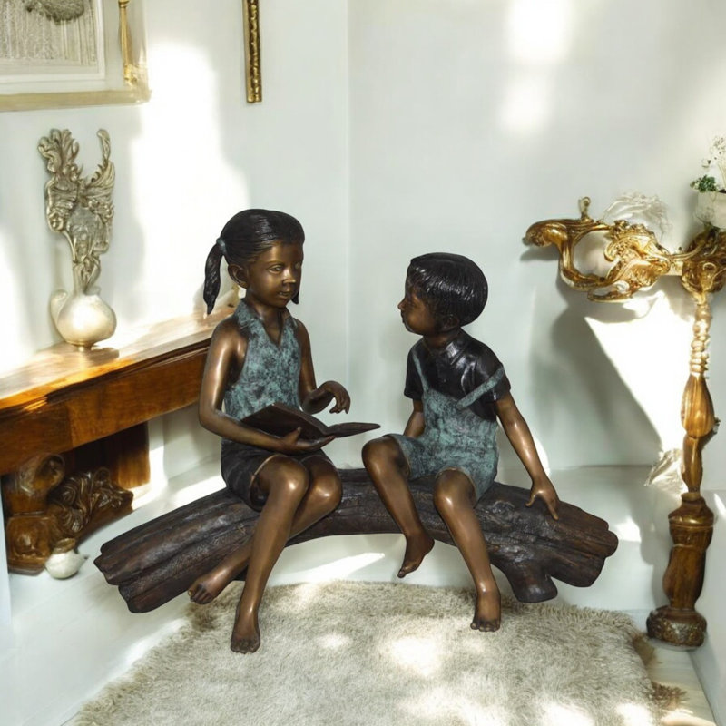 Boy & Girl Reading on Tree Log Bronze Statue – Elegant Landscape Sculpture Decor, 37"L x 14"W x 27"H
