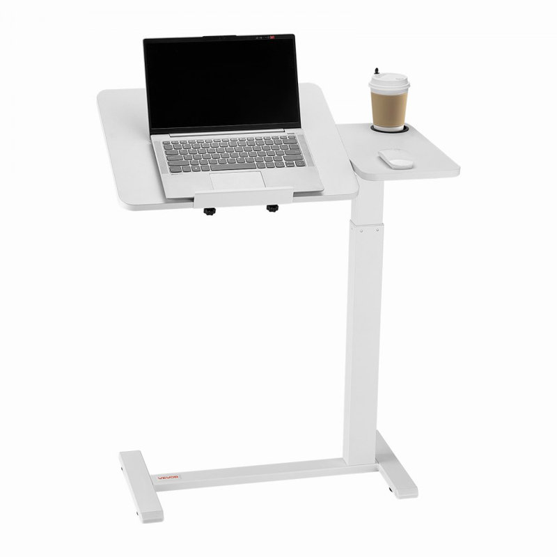 Overbed Table, Mobile Bed Side Table with Flip Desktop and 4 Hidden Wheels, Height & Angle Adjustable Rolling Laptop Desk with Cup Holder, Portable Over Bed Desk for Home, Office, Study, White