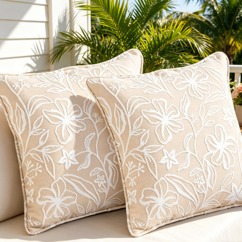Housse et insert de coussin intérieur / extérieur en polyester, 16,54 po x 16,54 po x 6,1 po, Coton, Floral beige clair