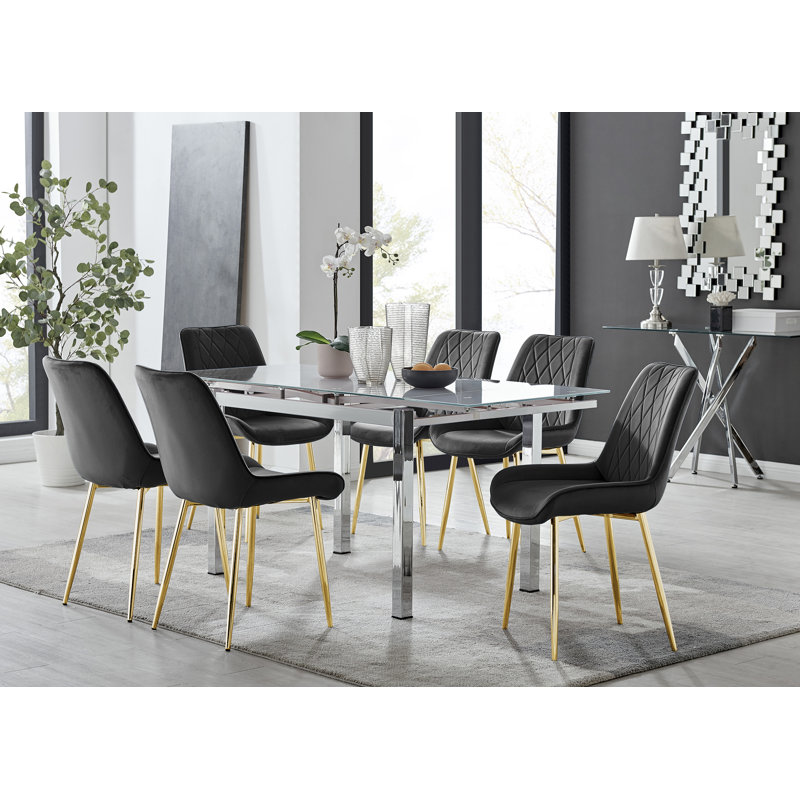 Tierra Modern Glass & Metal Extendable Dining Table Set & 6 Luxury Upholstered Velvet Dining Chairs, Black/Gold