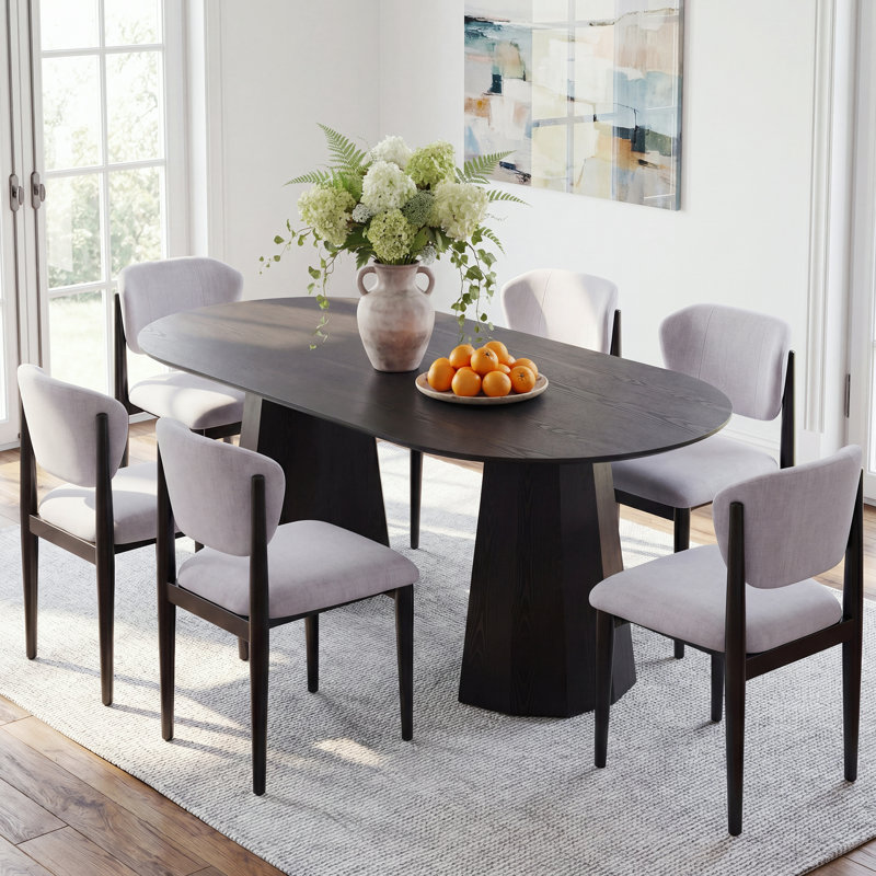 Ensemble de salle à manger ovale en bois massif pour 6 personnes avec 6 chaises rembourrées Hulse, Noir, Gris