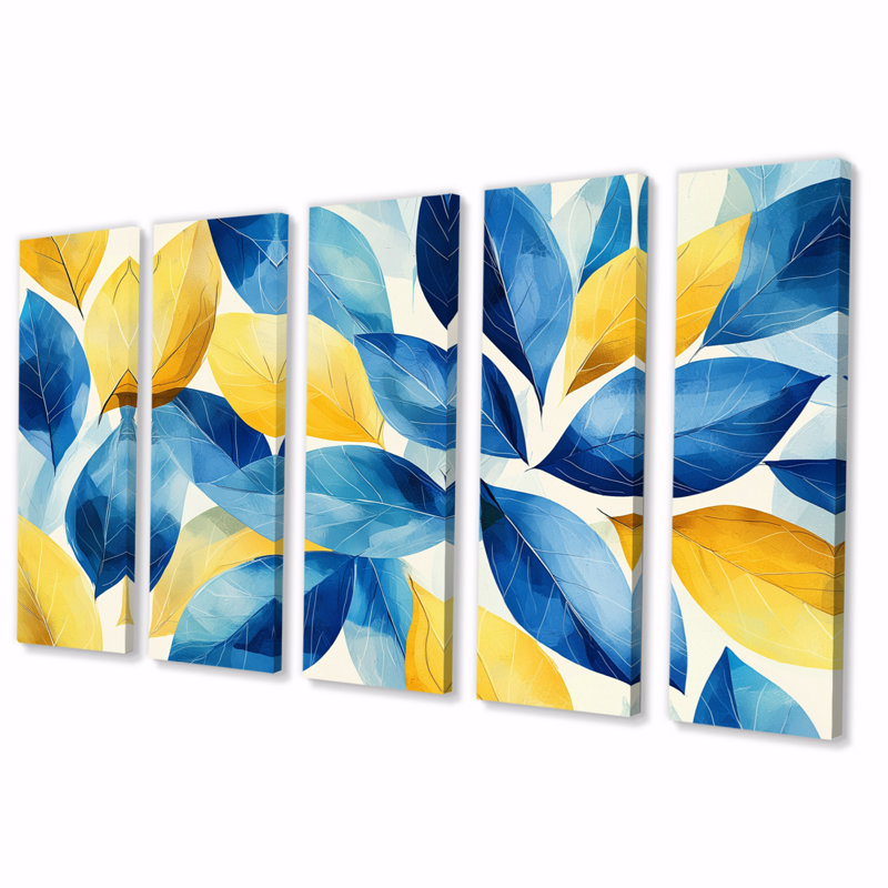 Feuilles numériques bleues et jaunesI - décoration murale jaune - art mural traditionnel, H 28 po x l 60 po, 5