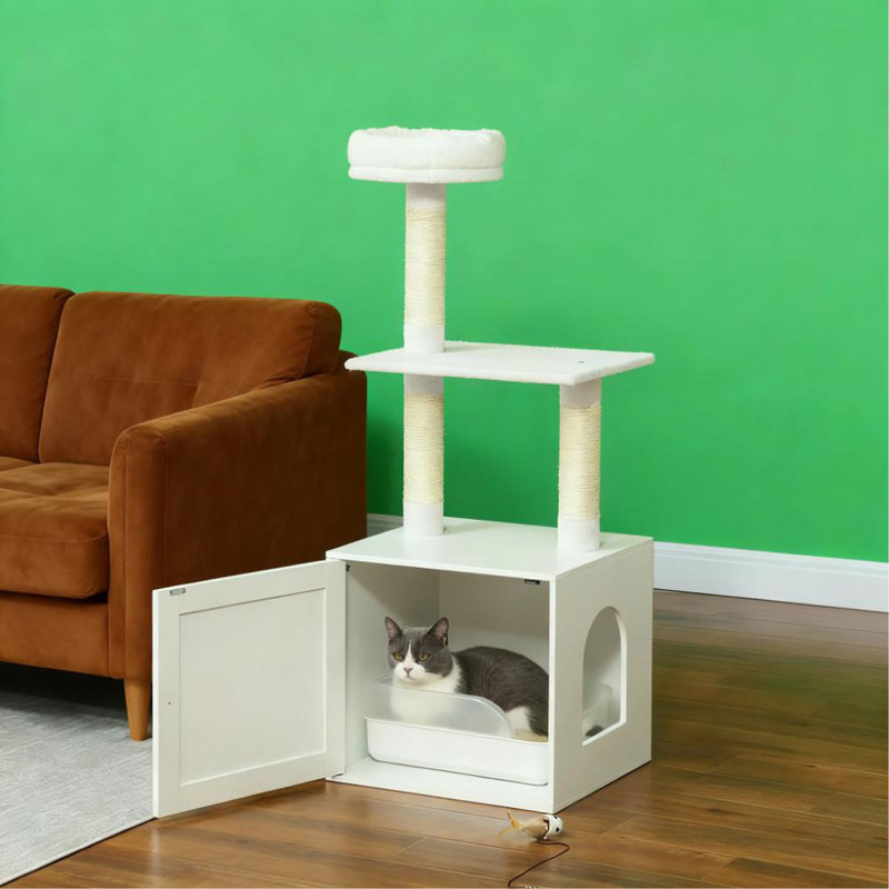 Arbre à chat blanc avec bac à litière
