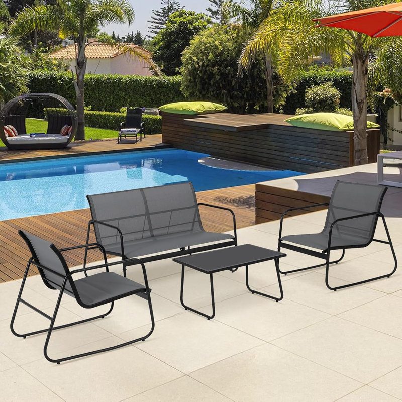 4 Pieces Patio Furniture Set, Outdoor Patio Furniture with Loveseat and 2 Single PVC-coated polyester Fabric Chairs, Glass Coffee Table for Backyard Balcony Lawn