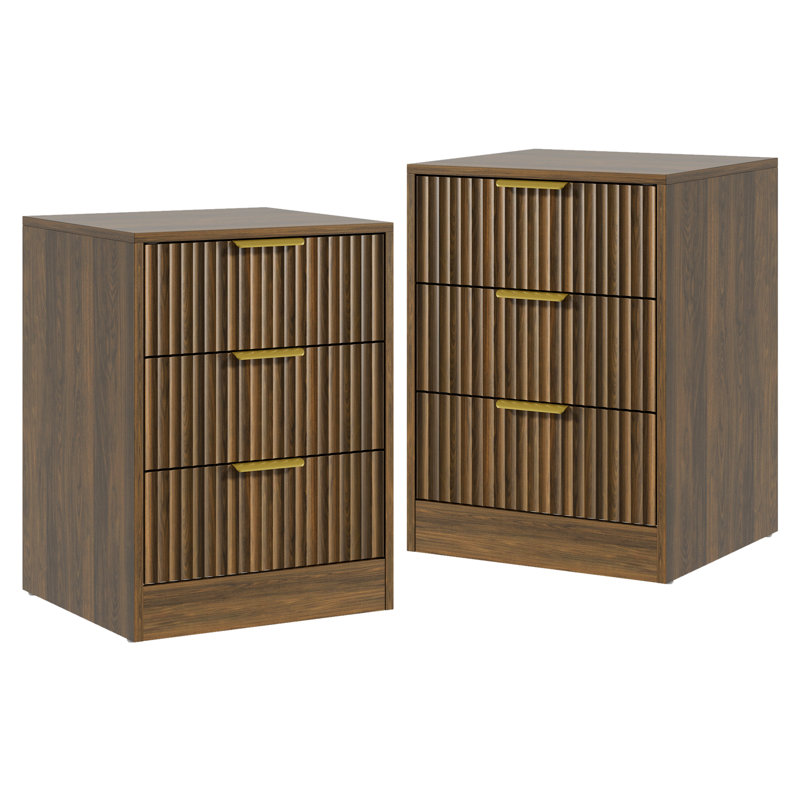 Fluted Nightstand With 3 Storage Drawers, 3, Rustic Walnut