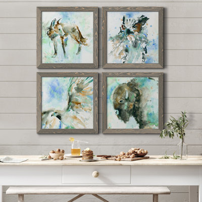 Fox on Blue - Ensemble de 4 peintures sur toiles encadrées
