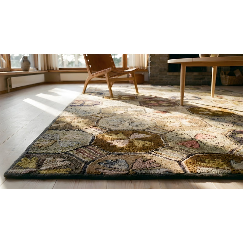 Neutral Earthy Color Antique Geometric American Folk Art Design Hooked Rug