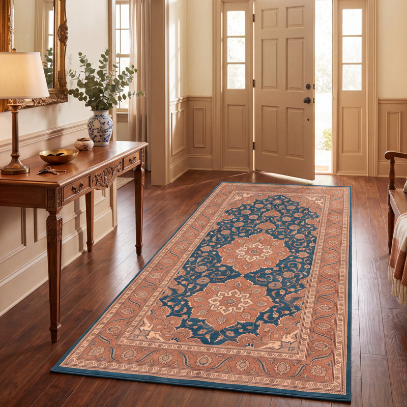 Tapis Marble2 traditionnel de style persan audacieux, bleu sarcelle, or et crème, lavable en machine, antidérapant, à poils courts, pour l'intérieur et l'extérieur, adapté aux animaux domestiques, idéal pour le salon, la chambre, la salle à manger, l'entrée, le couloir ou le bureau.