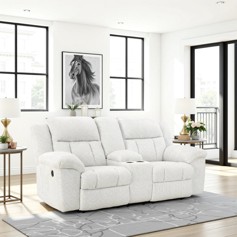 Senita Reclining Loveseat With Console, White Polyester