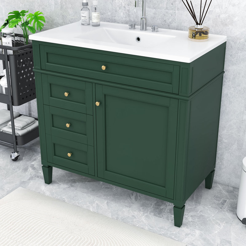 Dzenan Wood Bathroom Vanity with Sink, Cabinet with Adjustable Shelves and Soft-Close Drawers, Green