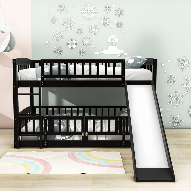 Harveen Wooden Bunk Bed with Slide and Fence by Harriet Bee, Full over Full, Espresso