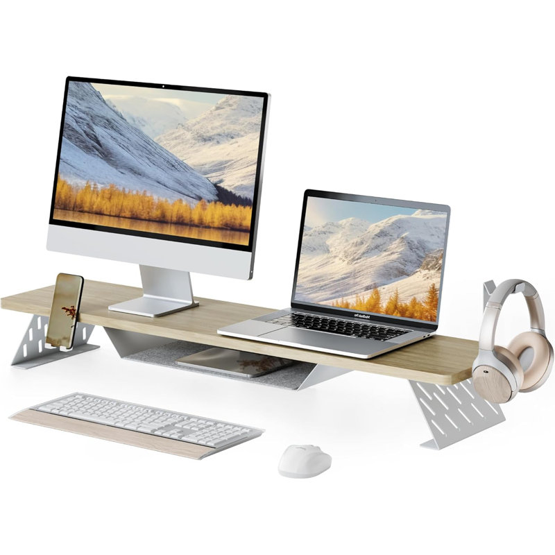 Support pour écran double, support pour écran de 42,5 pouces pour bureau, tablette de bureau en bois pour 2 écrans, tablette pour écran à 2 niveaux avec support pour téléphone