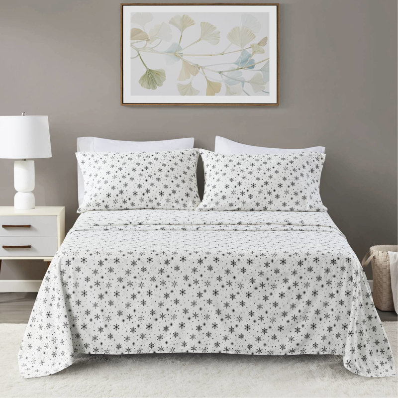 Drap double 4 pièces en flocons de neige noirs, 100% flanelle de coton, convenant aux matelas de moins de 18 po, adouci par un fin brossage de tissu, équipé d'un élastique tout autour, confort pré-rétréci,