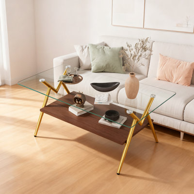 1 table basse rectangulaire transparente (table de salon moderne) | Plateau en verre trempé + pieds en métal doré, capacité de 220 lb | L 38,6 po x l 22,83 po x H 17,3 po, facile à assembler et à assembler, salon