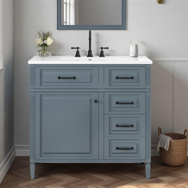 Meuble-lavabo de 36 pouces avec comptoir en céramique, structure en bois massif et armoire en panneau de fibres à densité moyenne, tiroir rabattable avec tablette réglable et poignées en métal