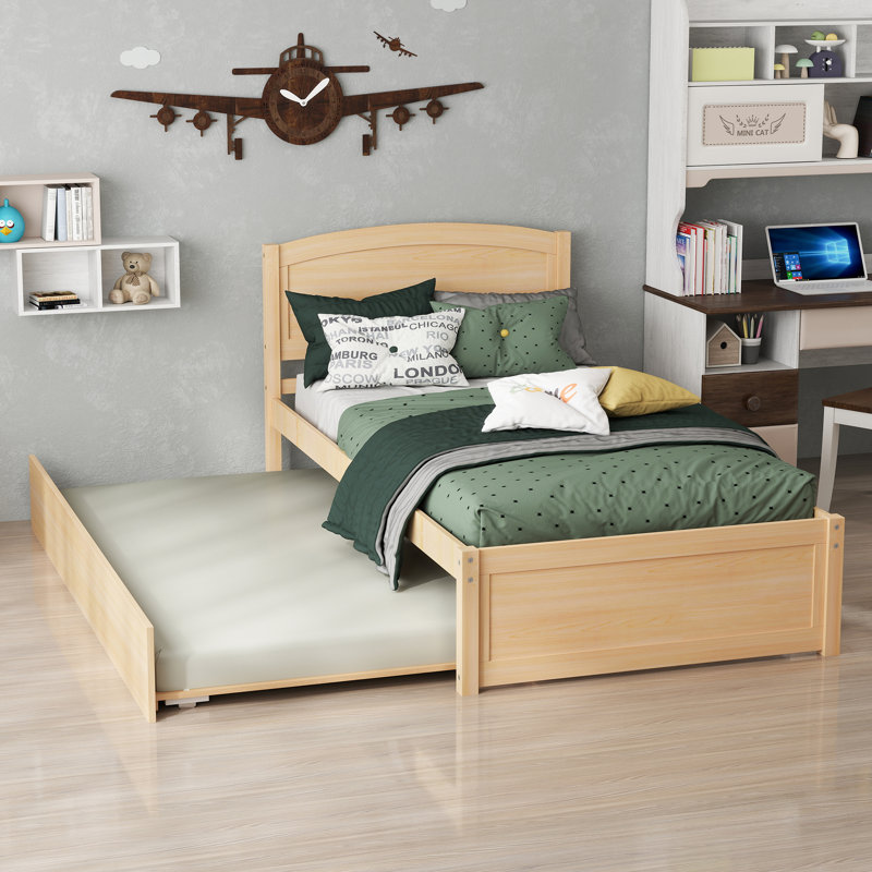 Lit plateforme simple en bois massif avec lit gigogne, Naturel